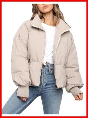 Cropped Quilted Puffer Jacket Zip Up Oversized Winter Coat